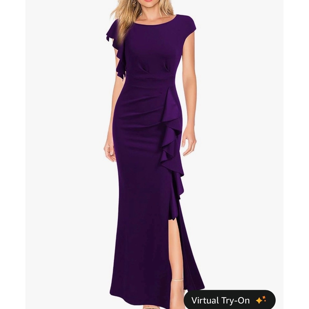 WOOSEA Womens Purple Ruffle Split Bodycon Mermaid Evening Cocktail Dress Size L